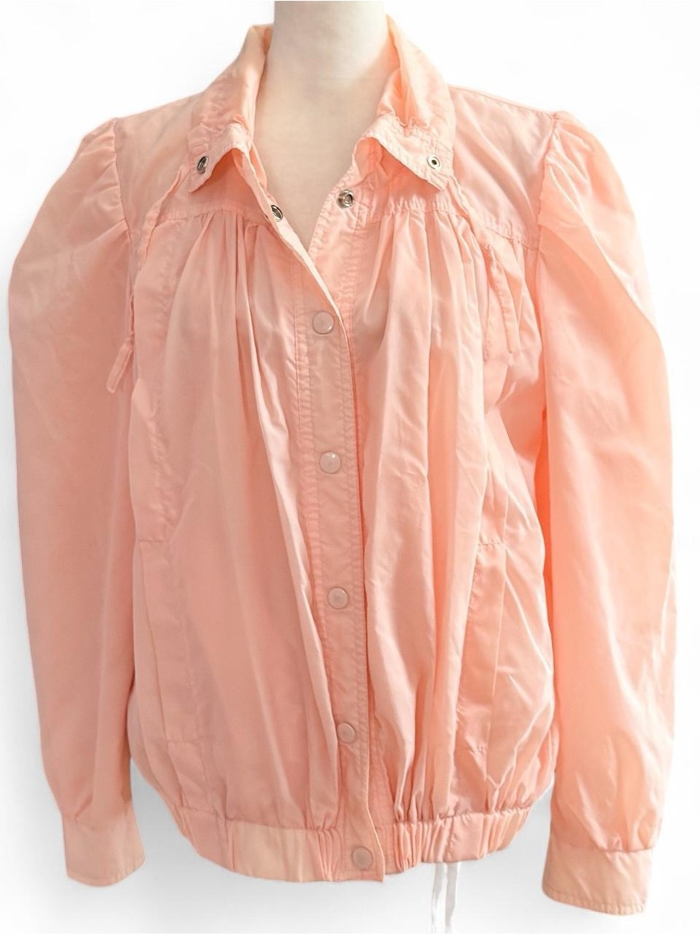 Vintage Outer-Scene Ltd Peach Pink Windbreaker, Puff Sleeves, Snap-Front, Size M